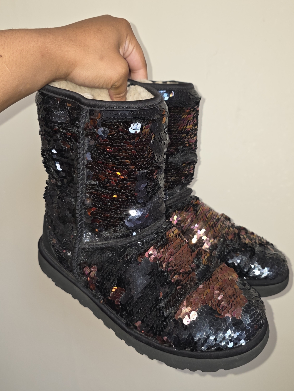 UGG Sequin Short Boots in Black with Iridescent Copper